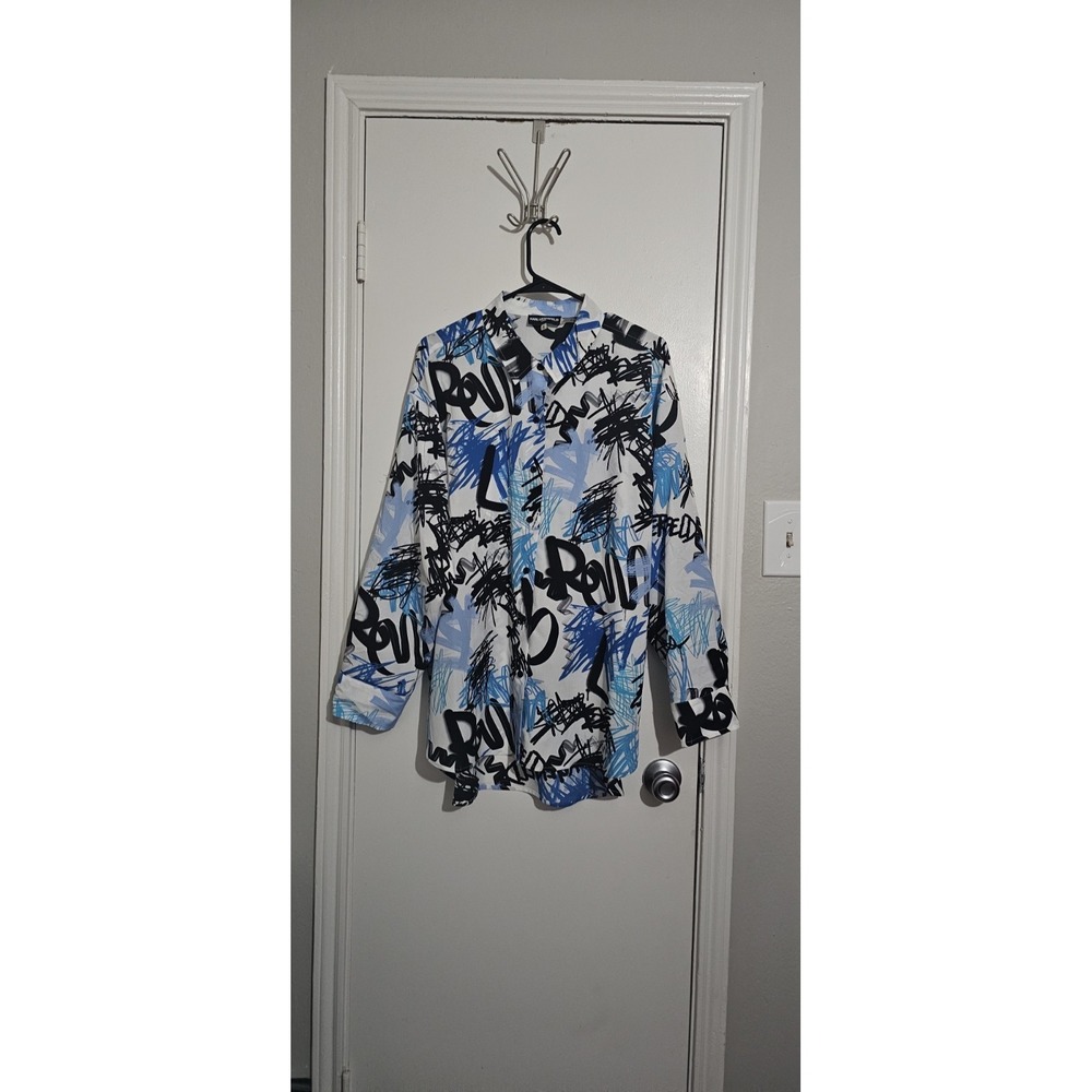 Karl Lagerfeld Shirt XL‎ Roll Tab Sleeves Paris Graffiti Print Button Down Chic